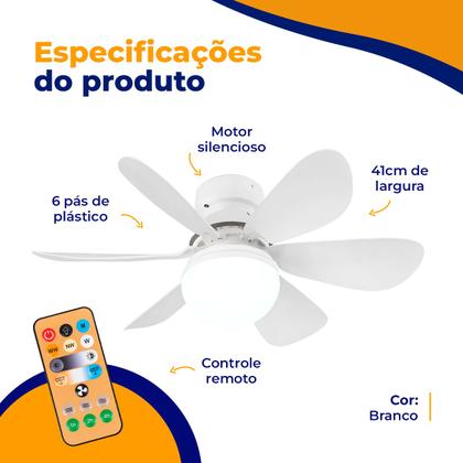 Imagem de Ventilador De Teto Com Lâmpada Cor Branca Bivolt Silencioso 6 Pás Com Controle Remoto Para Bocal E27 - Good Vision