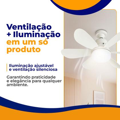Imagem de Ventilador De Teto Com Lâmpada Cor Branca Bivolt Silencioso 6 Pás Com Controle Remoto Para Bocal E27 - Good Vision