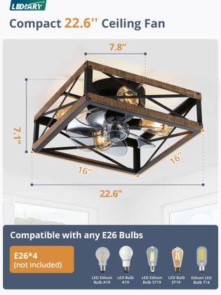 Imagem de Ventilador de teto LEDIARY Rustic Square Caged Light 6 Speed Remote