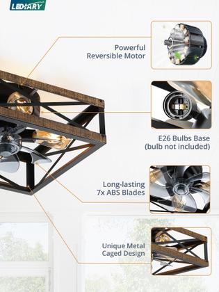Imagem de Ventilador de teto LEDIARY Rustic Square Caged Light 6 Speed Remote