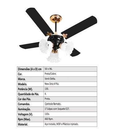 Imagem de Ventilador De Teto New Zeta 4 Pás de MDF Preto/Cobre 127v+Controle