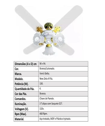 Imagem de Ventilador De Teto New Zeta Branco Com 4 Pás de MDF 127v