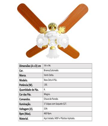 Imagem de Ventilador De Teto New Zeta Com 4 Pás MDF Branco/Mogno 220v