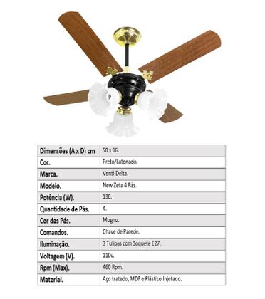 Imagem de Ventilador De Teto New Zeta Preto/Mogno Com 4 Pás de MDF 127v