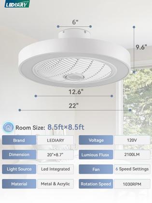 Imagem de Ventilador de teto sem lâminas LEDIARY de 22" com luz RGB e controle remoto