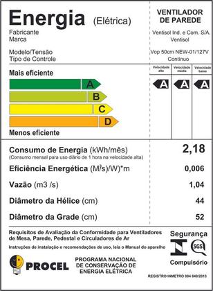 Imagem de Ventilador Oscilante De Parede Ventisol New 3 Pás 50cm 1300rpm Preto
