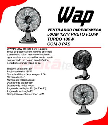 Imagem de Ventilador Parede/mesa 50cm 127v Preto Flow Turbo 180w C/ 8 Pas - Wap
