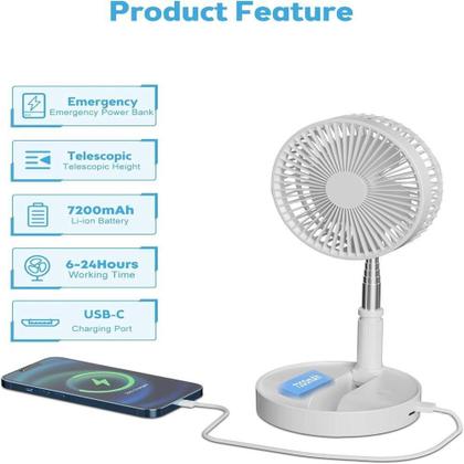 Imagem de Ventilador Retrátil Recarregável Silencioso Mesa Chão 20cm