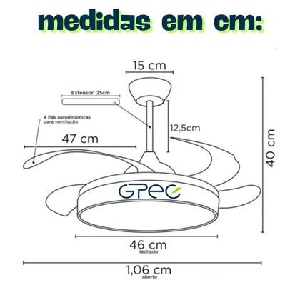 Imagem de Ventilador Teto Retratil Controle Remoto Led 3 Cores 4 Pás Preto