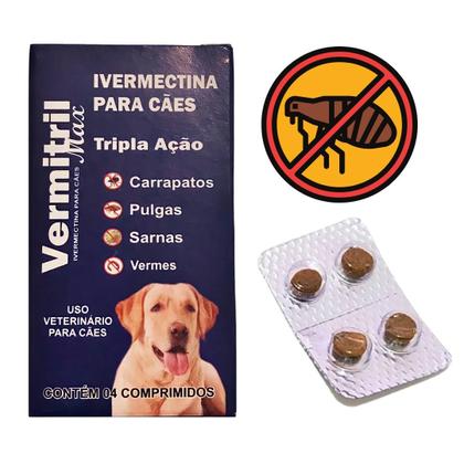 Imagem de Vermitril Comprimidos Mastigáveis Anti Carrapatos e Pulgas para Cães de 40 a 60 kg  Sabor Carne, Para Todas as Raças e Tamanhos