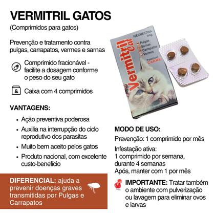 Imagem de Vermitril para Gatos Mastigável Ação 4 em 1 Antipulgas, carrapatos, vermes e sarna 4 Comprimidos Mastigáveis