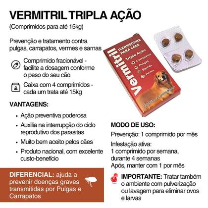 Imagem de Vermitril Plus Ação 4 em 1 Antipulgas, carrapatos, vermes e sarna 4 Comprimidos para Cães de até 15kg