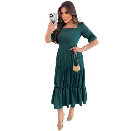 Imagem de Vestido Alfaiataria Evangélico Feminino Com Babado Curto Regular Size Ciganinha com Mangas