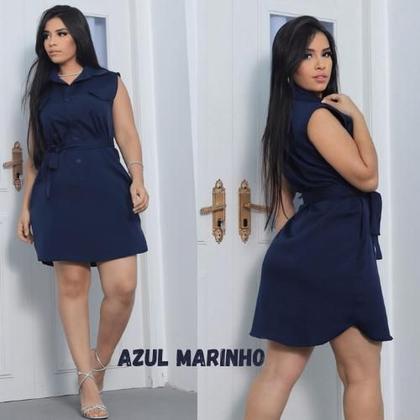 Imagem de Vestido Alfaiataria Feminino Chemise regata soltinho com botões e cinto moda tendência - Azul Marinho - M