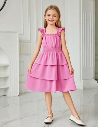 Imagem de Vestido Arshiner Girls, manga esvoaçante, verão de 6 a 7 anos, rosa vermelha