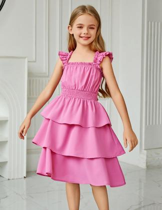 Imagem de Vestido Arshiner Girls, manga esvoaçante, verão de 6 a 7 anos, rosa vermelha