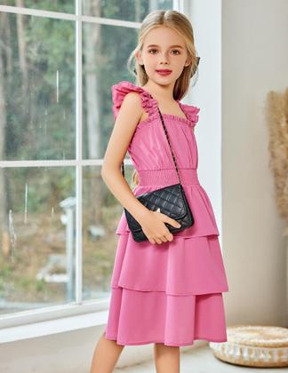 Imagem de Vestido Arshiner Girls, manga esvoaçante, verão de 6 a 7 anos, rosa vermelha