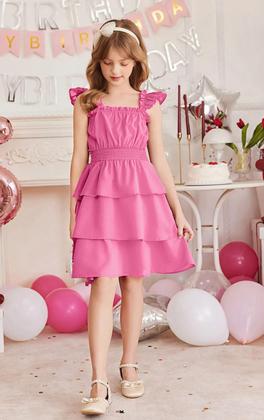 Imagem de Vestido Arshiner Girls, manga esvoaçante, verão de 6 a 7 anos, rosa vermelha