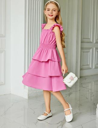 Imagem de Vestido Arshiner Girls, manga esvoaçante, verão de 6 a 7 anos, rosa vermelha