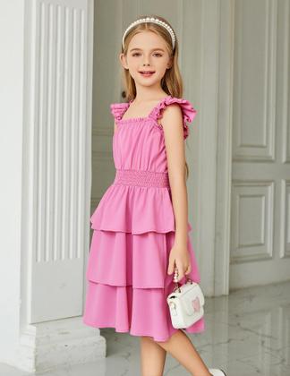 Imagem de Vestido Arshiner Girls, manga esvoaçante, verão de 6 a 7 anos, rosa vermelha