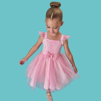 Imagem de Vestido Bailarina Infantil Rosa Festa Luxo Fantasia Menina