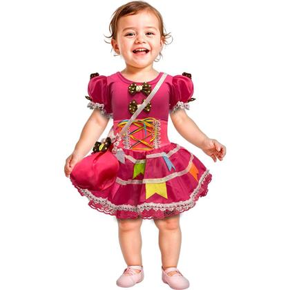 Imagem de Vestido Bebe Festa Junina Rosa de Luxo Acinturado Caipirinha com Bandeirinhas e Bolsinha