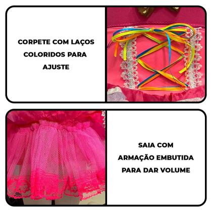 Imagem de Vestido Bebe Festa Junina Rosa de Luxo Acinturado Caipirinha com Bandeirinhas e Bolsinha