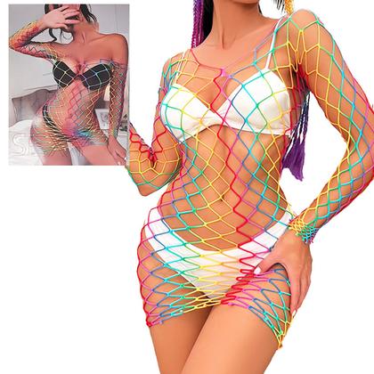 Imagem de Vestido Bodystocking Arrastão Colorido Praia Festa Carnaval - Diversos Modelos