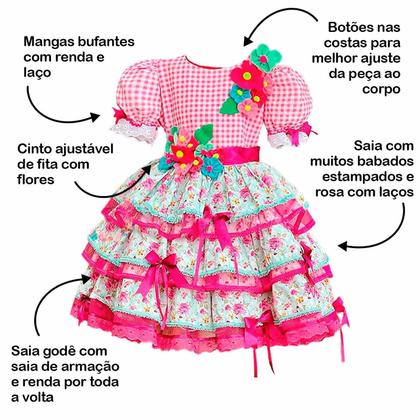 Imagem de Vestido Caipira Super Luxo Exclusivo Xadrez Rosa Com Flores