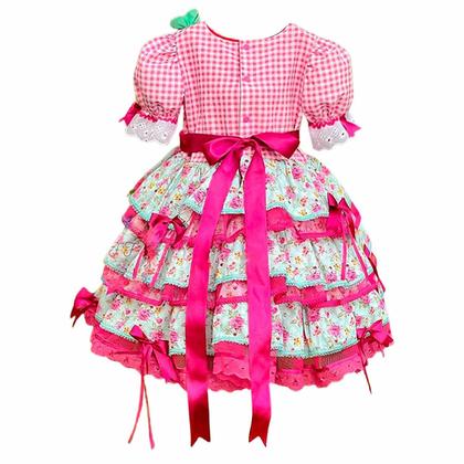 Imagem de Vestido Caipira Super Luxo Exclusivo Xadrez Rosa Com Flores