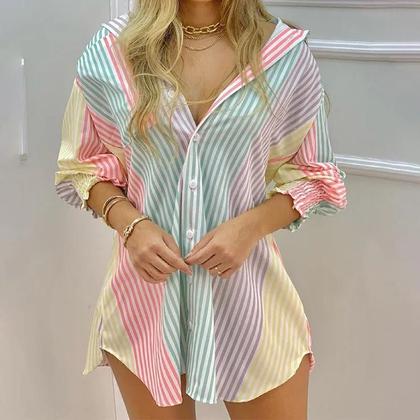 Imagem de Vestido Camisa Feminino Casual - Manga Longa, Impressão Primavera/Verão