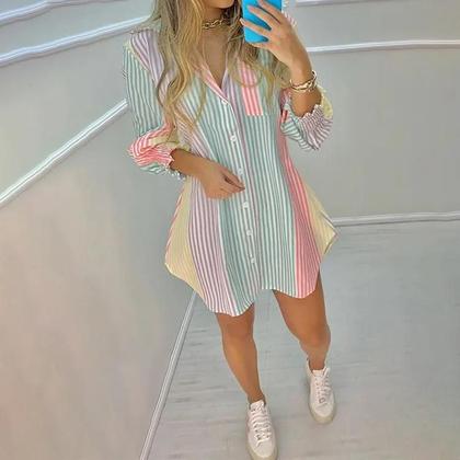 Imagem de Vestido Camisa Feminino Casual - Manga Longa, Impressão Primavera/Verão