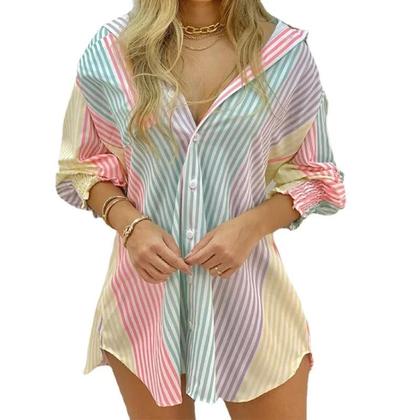 Imagem de Vestido Camisa Feminino Casual - Manga Longa, Impressão Primavera/Verão