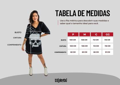 Imagem de Vestido Camiseta Gola V Estampado Caveira Com Pássaros Preto