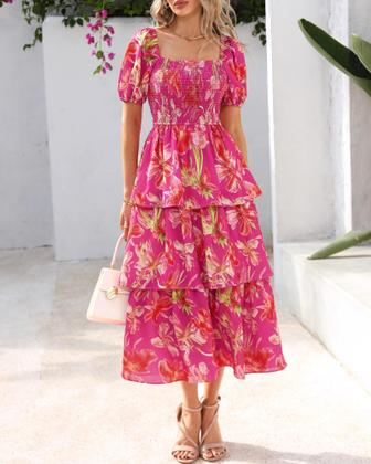 Imagem de Vestido casual feminino BTFBM com gola quadrada, decote, floral, maxi