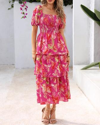Imagem de Vestido casual feminino BTFBM com gola quadrada, decote, floral, maxi
