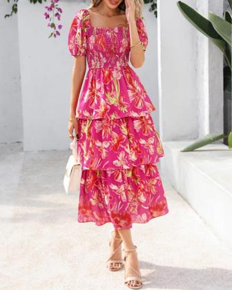 Imagem de Vestido casual feminino BTFBM com gola quadrada, decote, floral, maxi