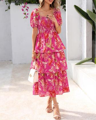 Imagem de Vestido casual feminino BTFBM com gola quadrada, decote, floral, maxi