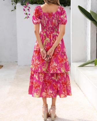 Imagem de Vestido casual feminino BTFBM com gola quadrada, decote, floral, maxi