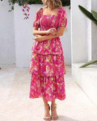 Imagem de Vestido casual feminino BTFBM com gola quadrada, decote, floral, maxi