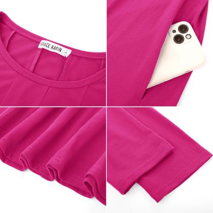 Imagem de Vestido casual GRACE KARIN A-line, manga 3/4, Swing Midi S, rosa vermelha