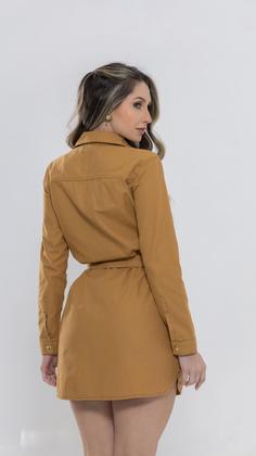 Imagem de Vestido Chamise sarja Feminino manga longa fechamento com botões e Cinto super na moda