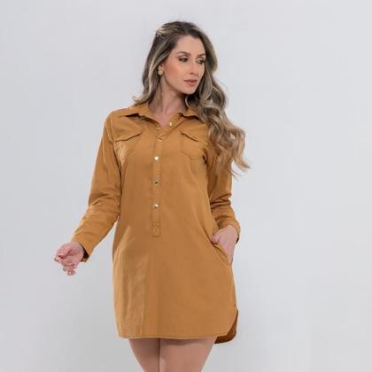Imagem de Vestido Chamise sarja Feminino manga longa fechamento com botões e Cinto super na moda