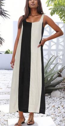 Imagem de Vestido CHARTOU de linho sem mangas Maxi Long Beach Vacation