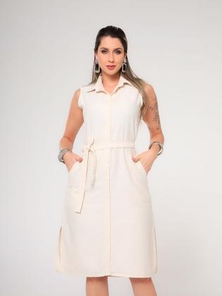 Imagem de Vestido Chemise Midi Linho Feminino com Fechamento Frontal em Botões, Acompanha cinto e Bolsos