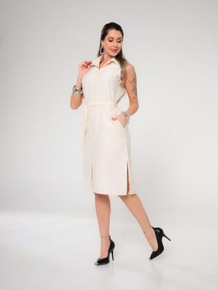 Imagem de Vestido Chemise Midi Linho Feminino com Fechamento Frontal em Botões, Acompanha cinto e Bolsos