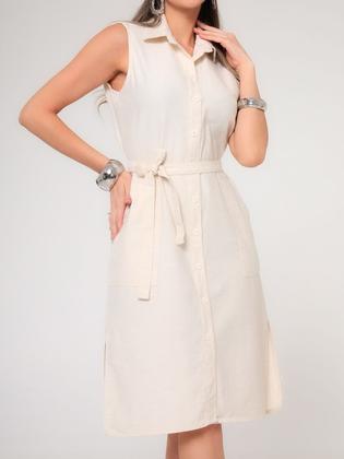 Imagem de Vestido Chemise Midi Linho Feminino com Fechamento Frontal em Botões, Acompanha cinto e Bolsos