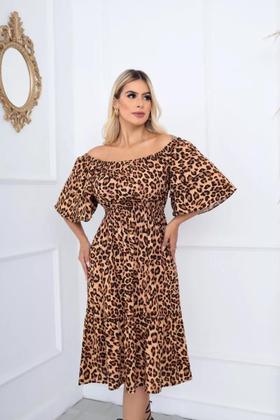 Imagem de Vestido Ciganinha Midi Moda Evangélica Lastex Com Elástico - ONÇA