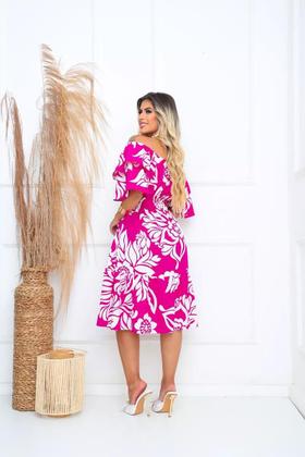 Imagem de Vestido Ciganinha Midi Moda Evangélica Lastex Com Elástico - ROSA COM BRILHO
