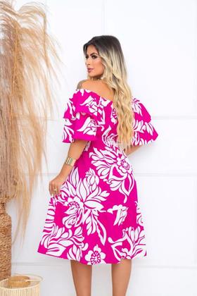 Imagem de Vestido Ciganinha Midi Moda Evangélica Lastex Com Elástico - ROSA COM BRILHO